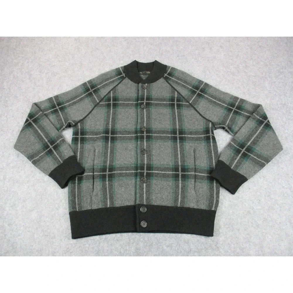 Banana Republic Sweater Mens Medium Gray Italian Yarn Plaid Cardigan Wool